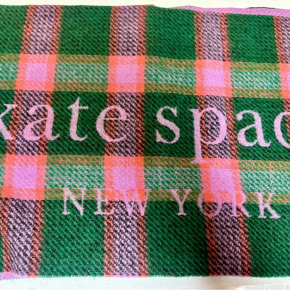 NEW Kate Spade Plaid Scarf PURPLE GREEN Fringe - Picture 4 of 4